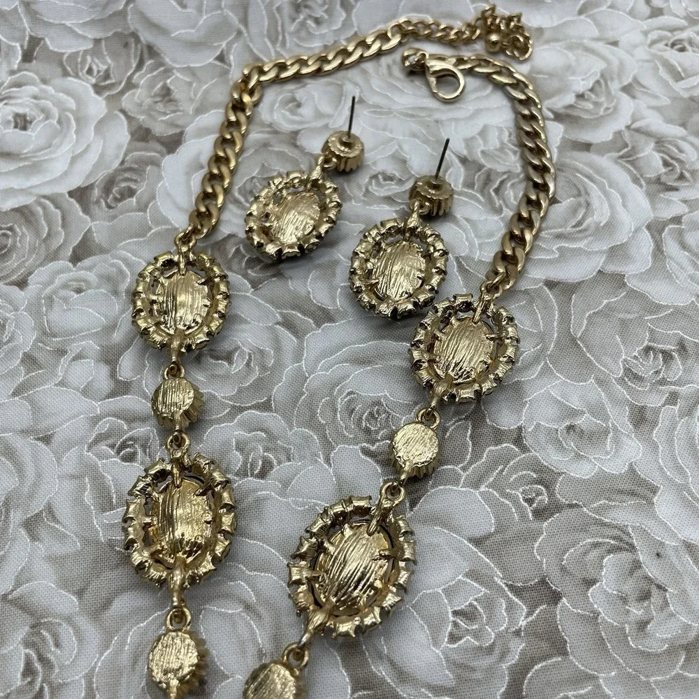 Necklace‎ & Dangle Earrings Gold Tone Black Faceted Teardrop Adjustable Fashion